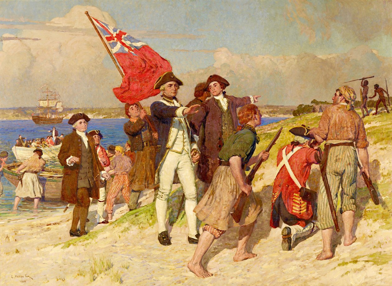 Löjtnant James Cooks landstigning vid Botany Bay den 29 april 1770 (målning av E Phillips Fox) av E. Phillips Fox