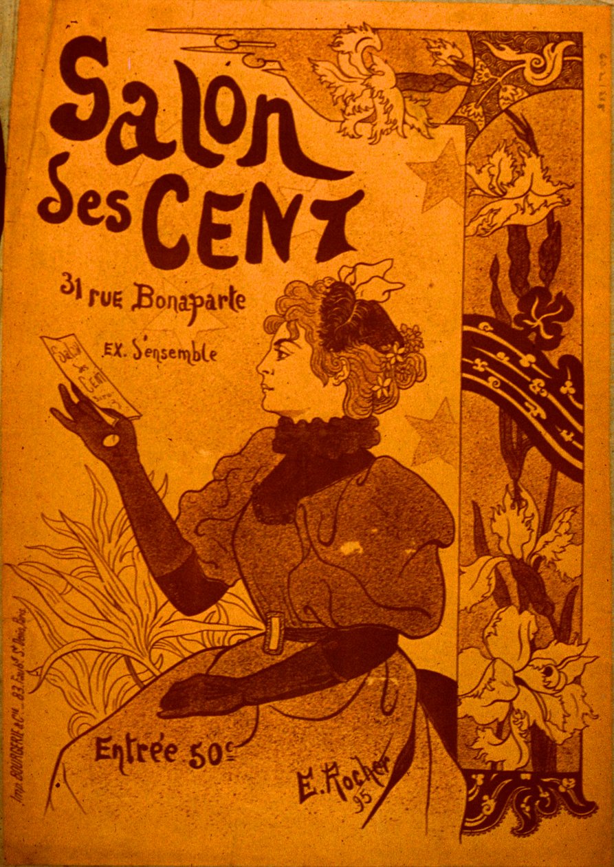 En kvinna som granskar en inbjudan, Salon des Cent av E. Rocher