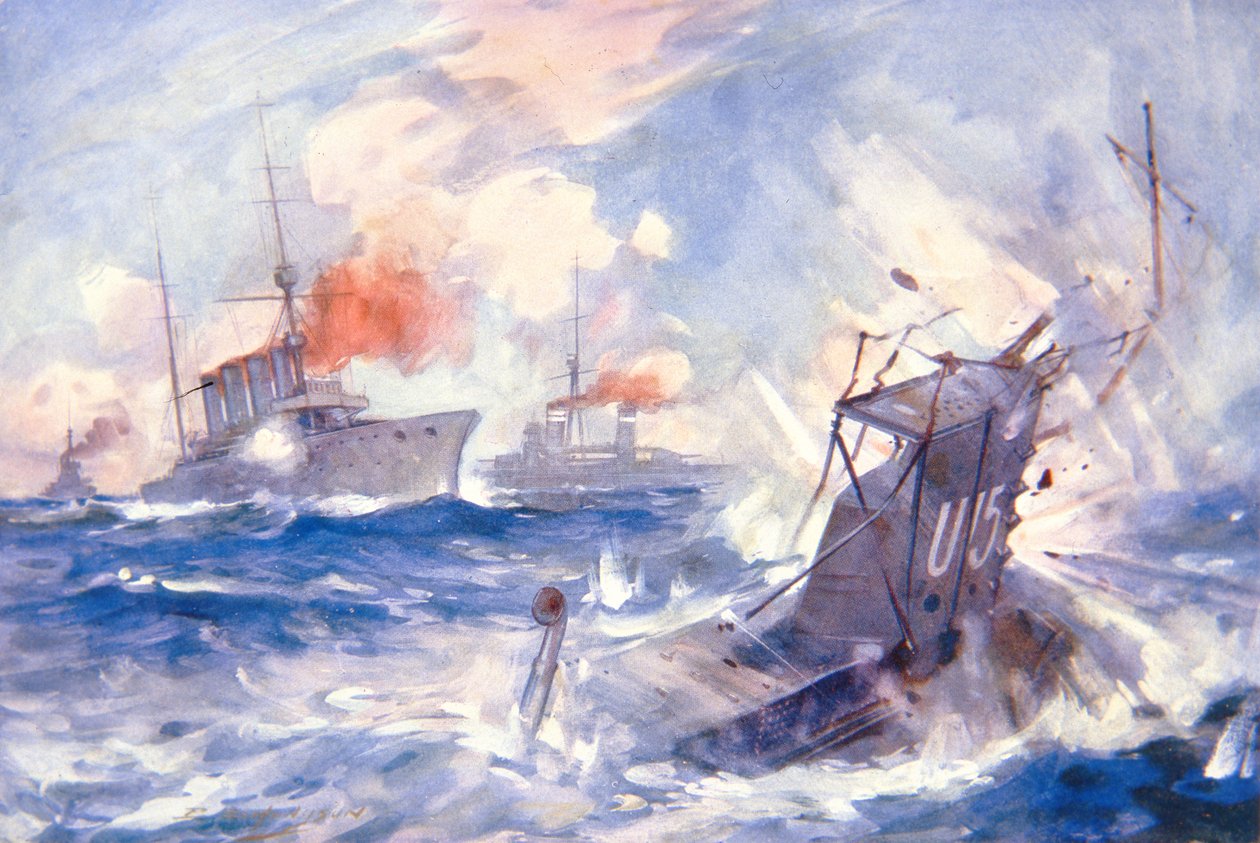 The Sinking of the German Submarine U15 av HMS Birmingham (färg litho) av E. S. (after) Hodgson