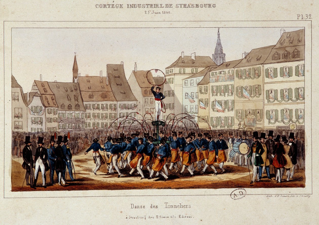La danse des tonneliers under industrikortegen i Strasbourg den 25/06/1840. Litografi av Simon av E. Simon