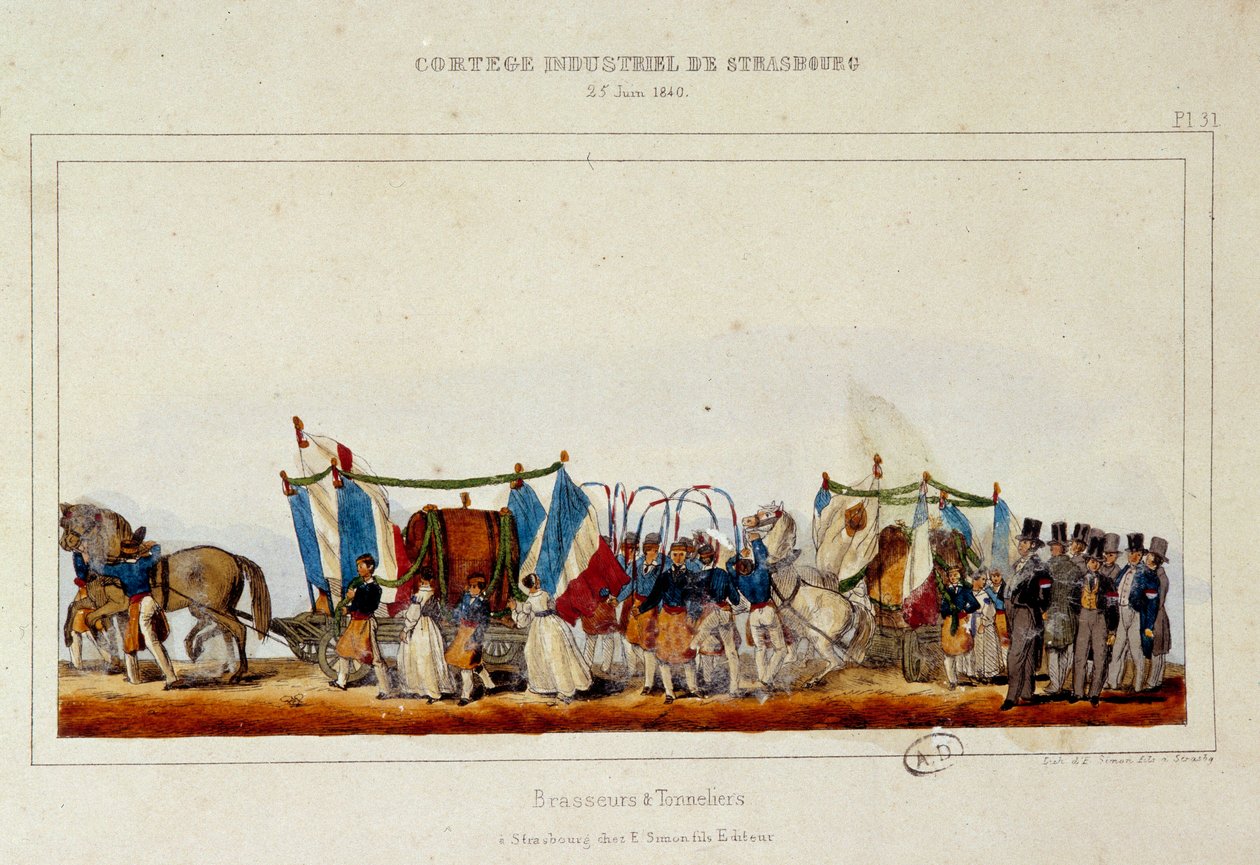 Bryggares och kukares dans under industrikortegen i Strasbourg den 25/06/1840. Litografi av Simon av E. Simon
