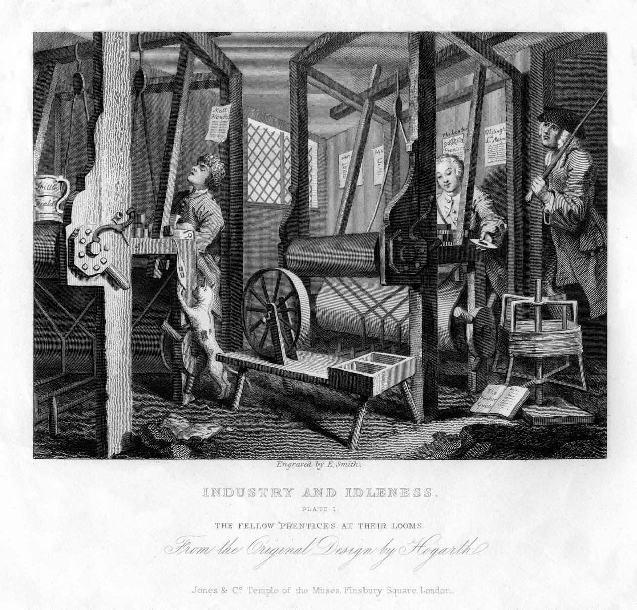 Medlärlingarna vid sina vävstolar, skylt I av Industri och Idleness, 1833. av E. Smith