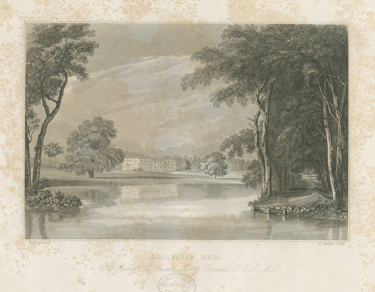 Rolleston Hall: linjegravyr, nd [c 1840] av E Stalker