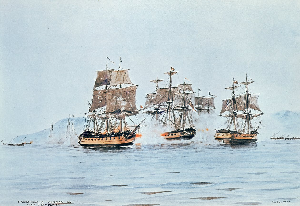 Commodore Macdonough i Saratoga besegrar britterna, slaget vid Lake Champlain av E. Tufnell