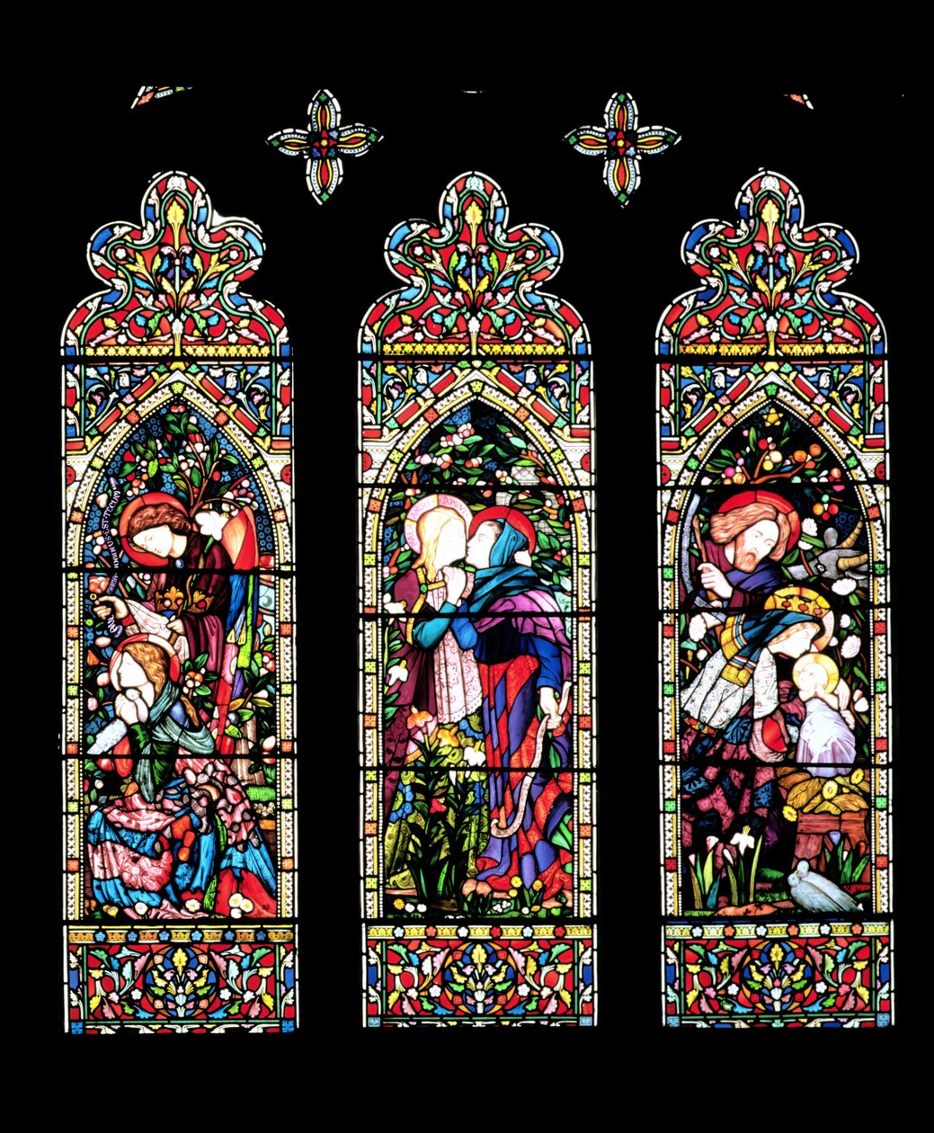 Budförklaringen, besöket och födelsen, utförd av Lavers och Barraud, 1860 (glasmålningar) (se även 11886) av E. and Halliday, M. F. Burne Jones