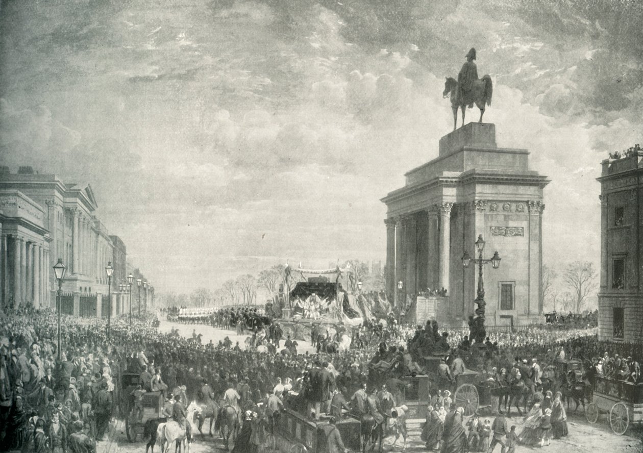 Begravningen av hertigen av Wellington Passing Apsley House, 18 november 1852, c1897 av E. and S. Woodbury