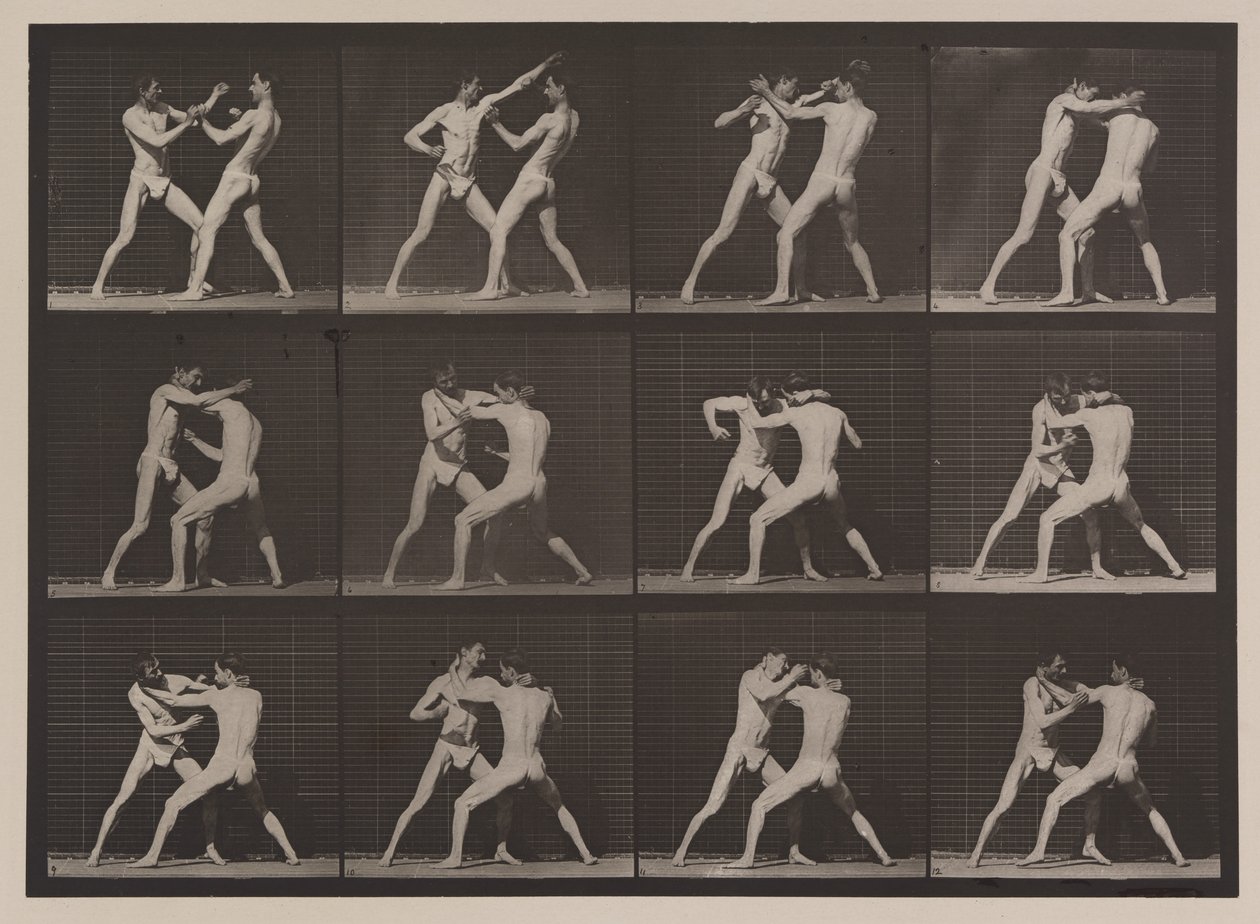 Plåt nummer 340. Boxning; öppen hand (skor), 1887 (kollotyp) av Eadweard Muybridge