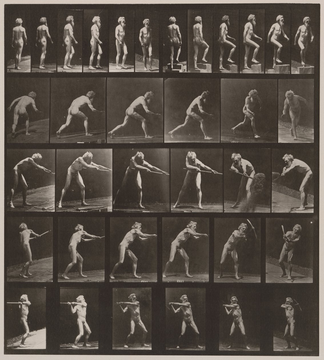 Plåt nummer 521. A, gående; B, stigande steg; C, kastskiva; D, med spade; E, med hjälp av pick; F, med pick, 1887 (kollotyp) av Eadweard Muybridge