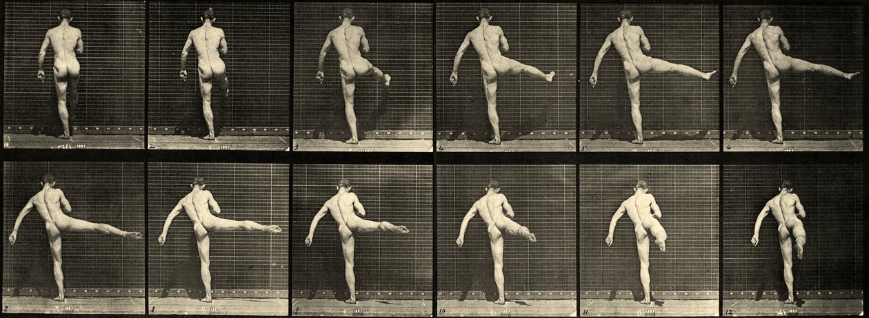 Naken manlig balettdansör, första balettåtgärden, lyfter höger ben (platta 369) ca 1887 av Eadweard Muybridge
