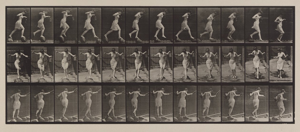 Plåt nummer 175. Korsande bäck på trappstenar med fiskespö och burk, 1887 (kollotyp) av Eadweard Muybridge