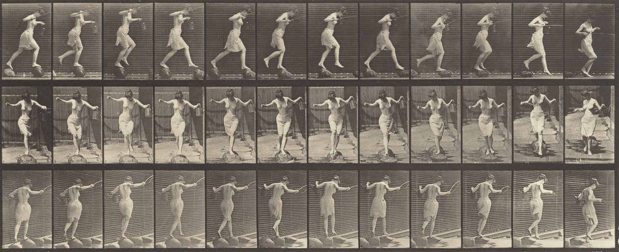 Plåt nummer 175. Korsande bäck på trappstenar med fiskespö och burk, 1887. av Eadweard Muybridge