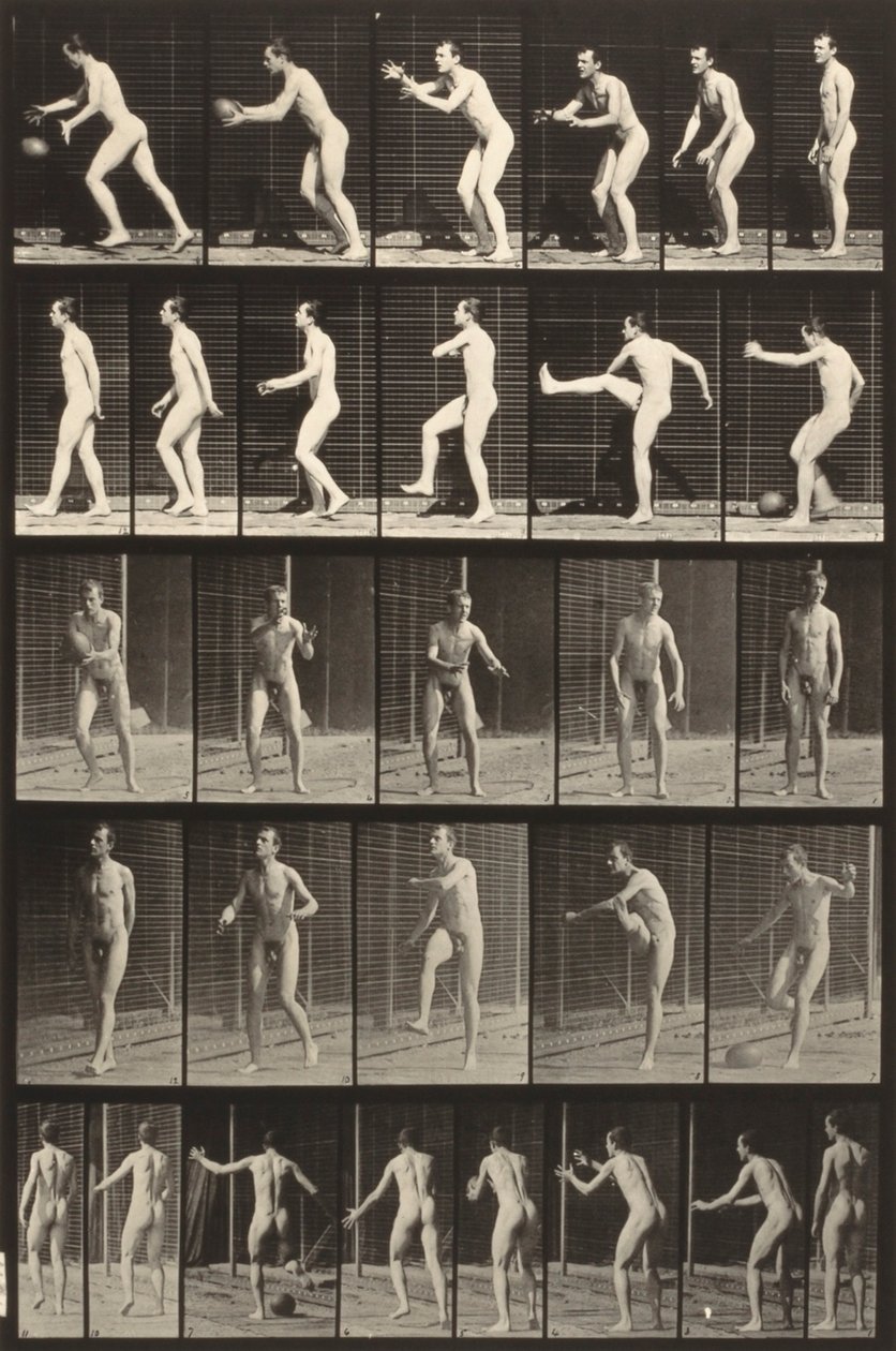 Djurens rörelseförmåga (platta 300) (Man sparkar boll) av Eadweard Muybridge