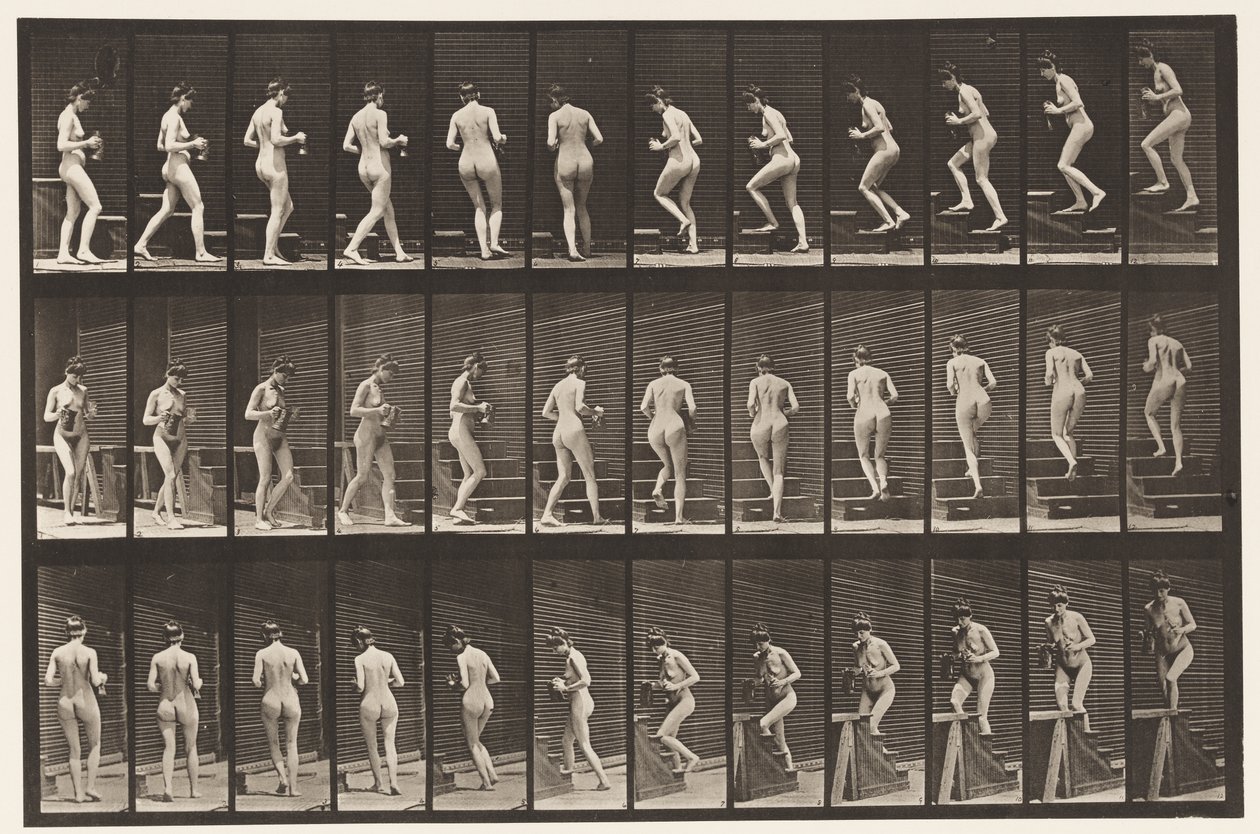 Tavla 103. Vändande och uppåtgående trappor, kanna och bägare i händerna, 1872-1885 av Eadweard Muybridge