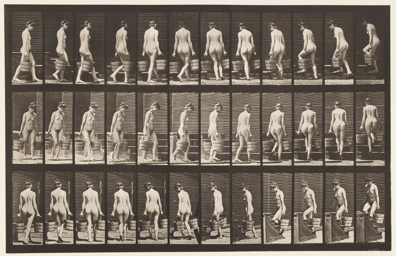 Tavla 104. Vändande och uppåtgående trappor, hinkvatten i varje hand, 1872-1885 av Eadweard Muybridge