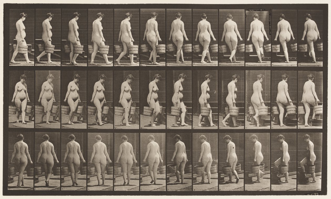 Tavla 106. Att vända sig för att gå uppför trappor, en hink med vatten i varje hand, 1872-1885 av Eadweard Muybridge