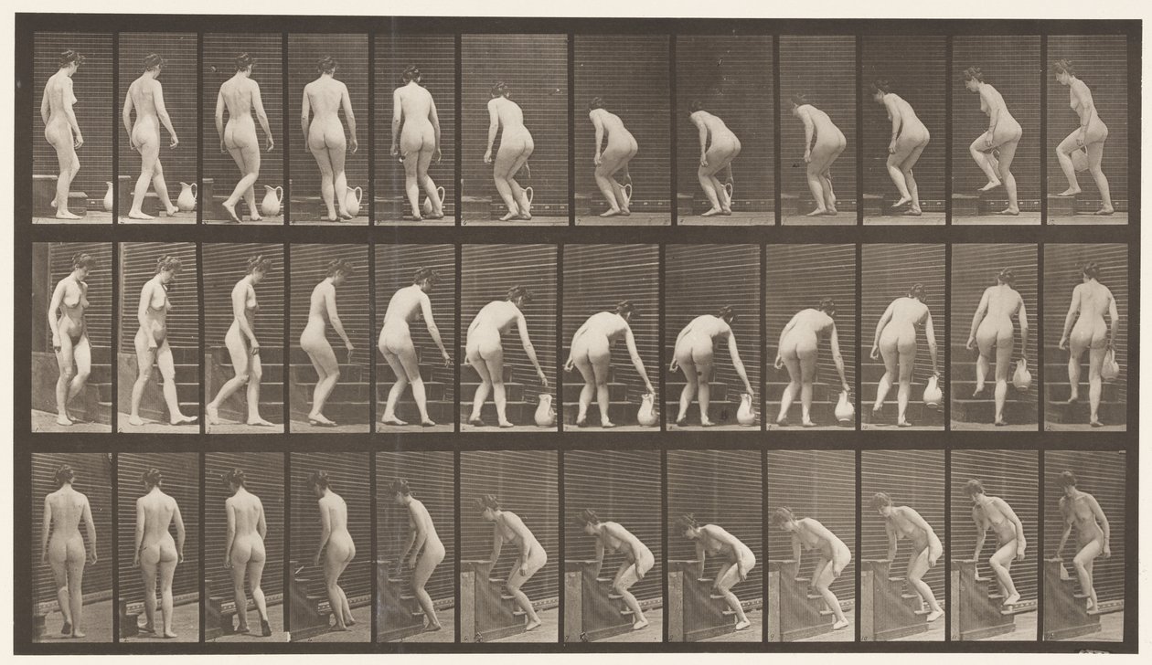 Tavla 108. Att vända sig för att gå uppför trappor, luta sig, lyfta en kanna, 1872-1885 av Eadweard Muybridge