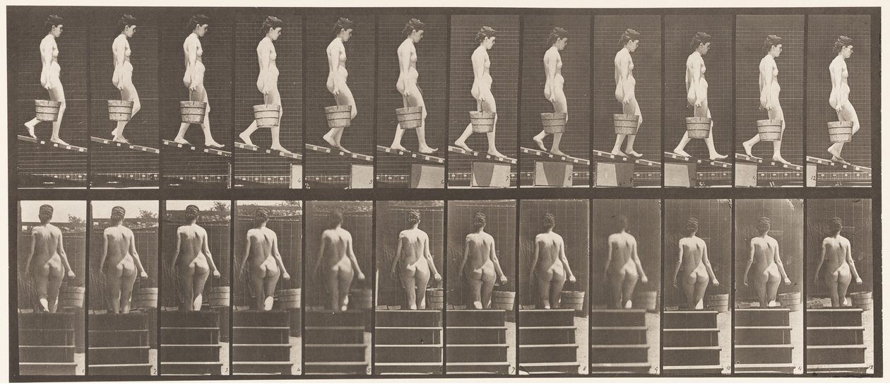 Plåt 120. Nedåtgående lutning, hink med vatten i höger hand, 1872-1885 av Eadweard Muybridge