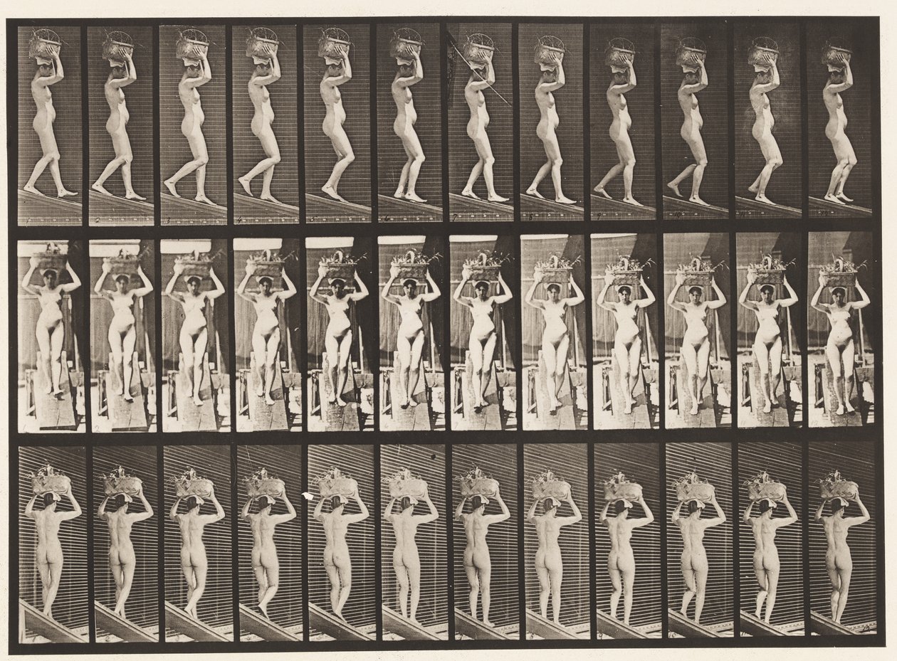 Tavla 123. Descending Incline, 20-lbs korg på huvudet, händerna höjda, 1872-1885 av Eadweard Muybridge