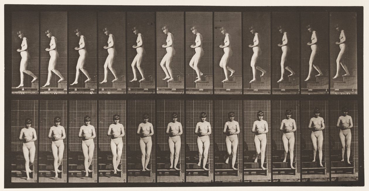 Tavla 128. Nedåtgående trappor, händerna knäppta, 1872-1885 av Eadweard Muybridge