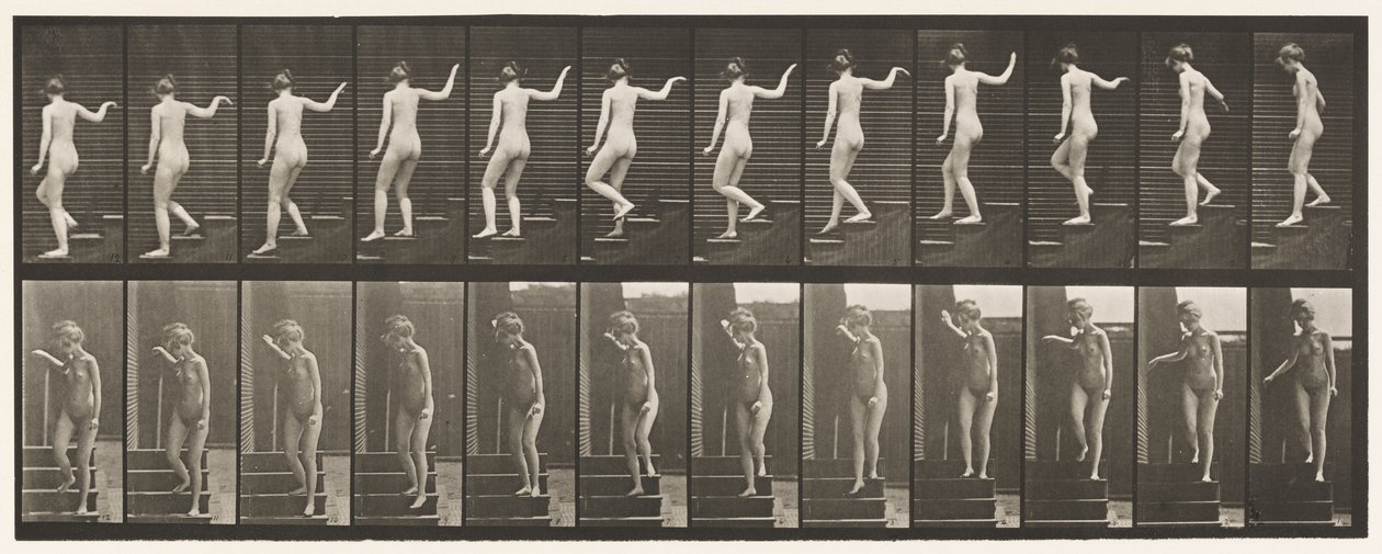 Tavla 132. Nedför trappor, vänder sig för att se sig omkring & vinkar med handen av Eadweard Muybridge