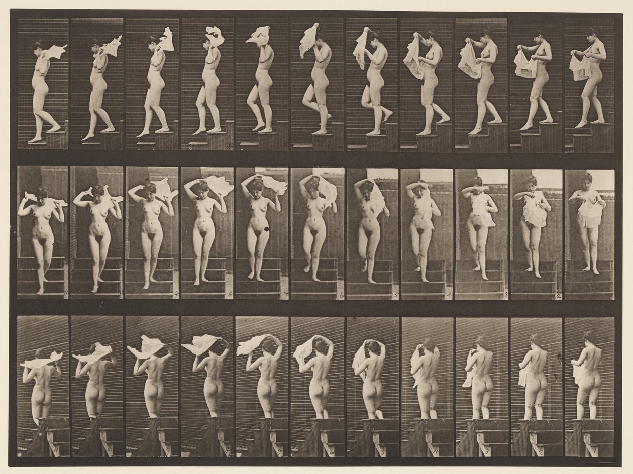 Tavla 133. Nedförstående trappa, kastar näsduk över axlarna, 1872-1885 av Eadweard Muybridge