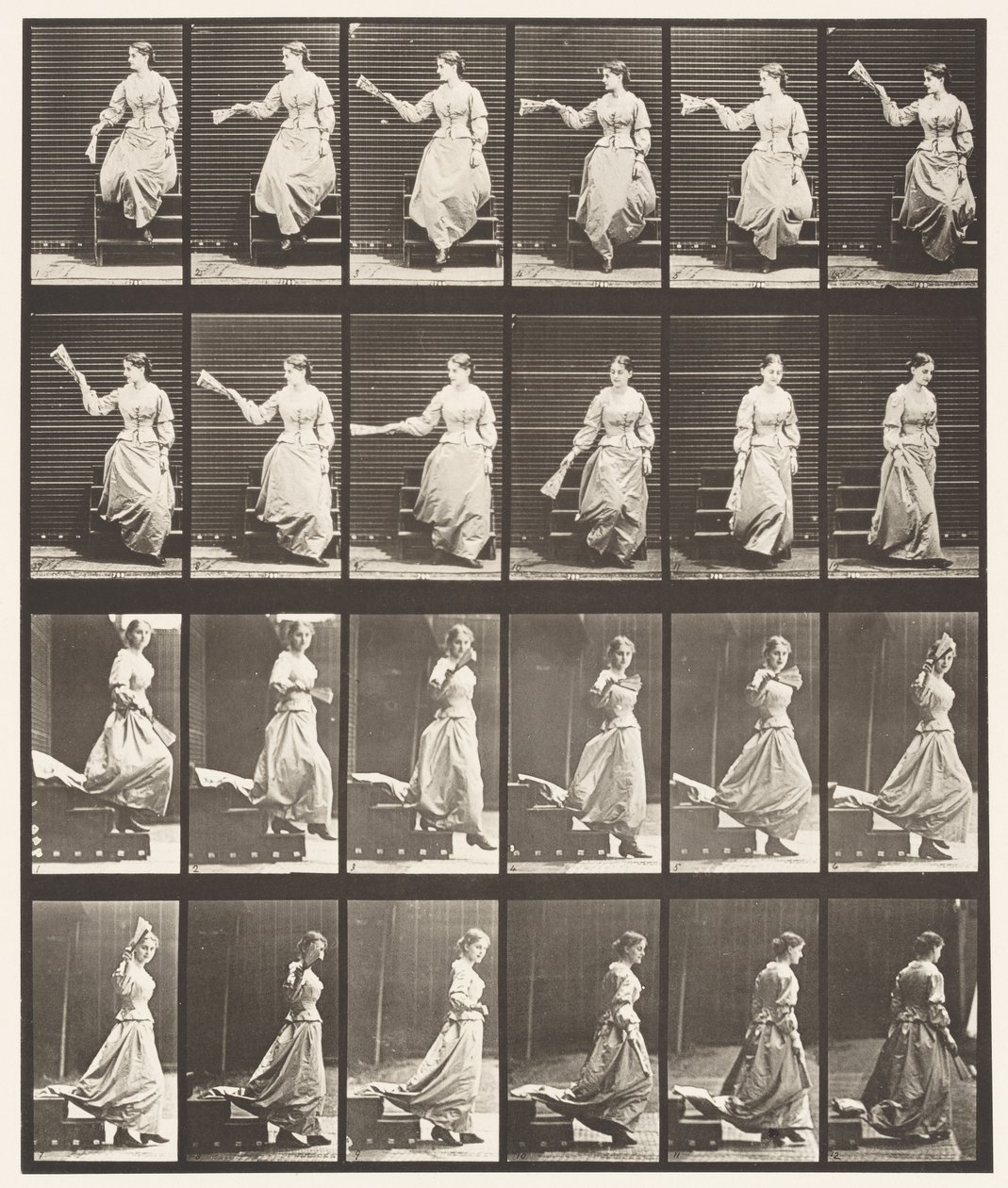 Tavla 140. Nedförstående trappa ser sig omkring och viftande fläkt av Eadweard Muybridge
