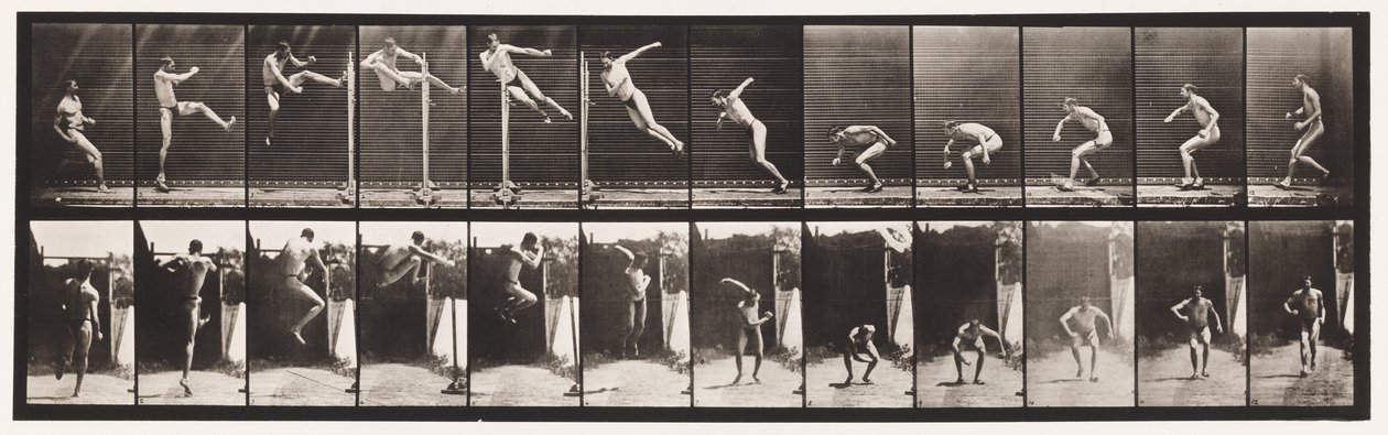 Tallrik 158. Hoppning; Running Twist High Jump (Skor) av Eadweard Muybridge