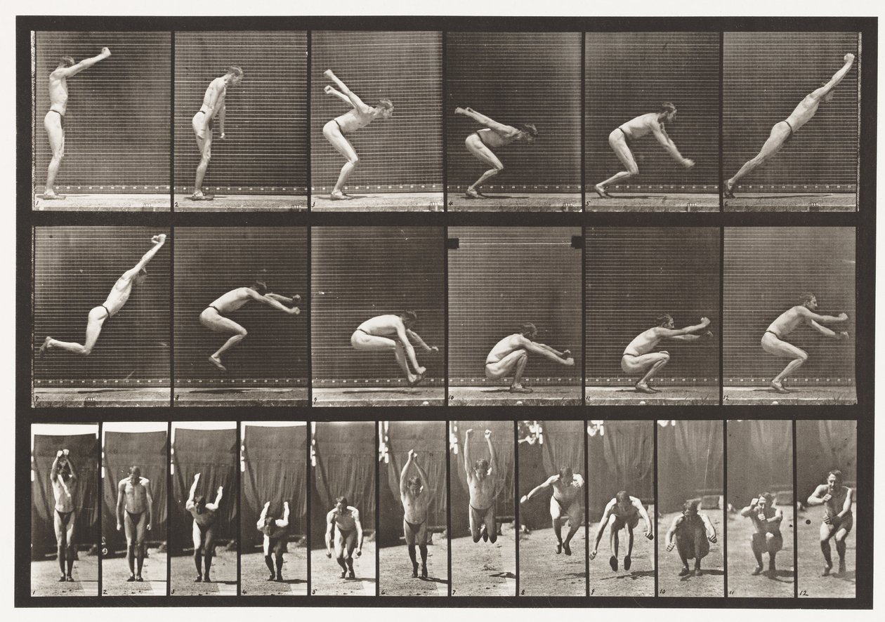 Plåt 163. Hoppning; Stående breddhopp, 1872-1885 av Eadweard Muybridge