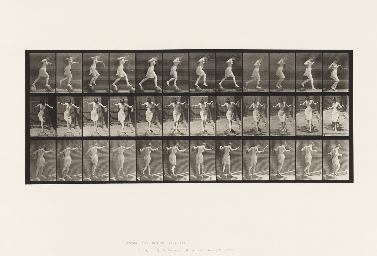 Tallrik 175. Korsande bäck på trappstenar med fiskespö och burk av Eadweard Muybridge