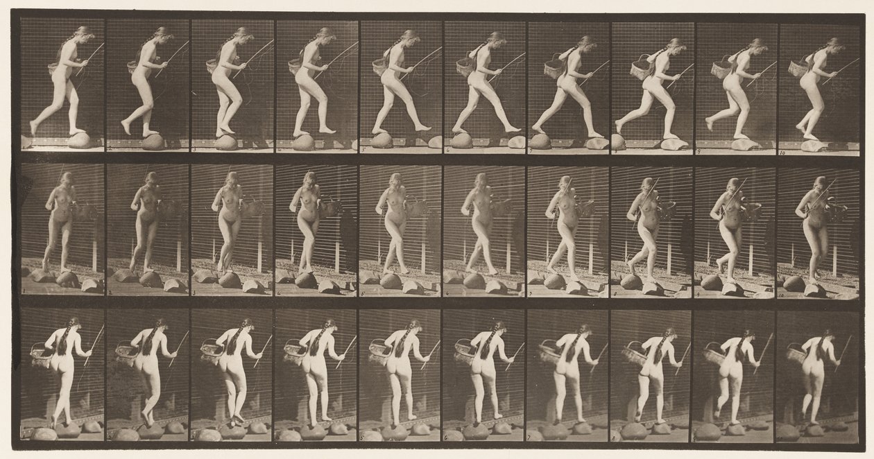 Tavla 177. Korsande bäck på trappstenar med fiskestång och korg av Eadweard Muybridge
