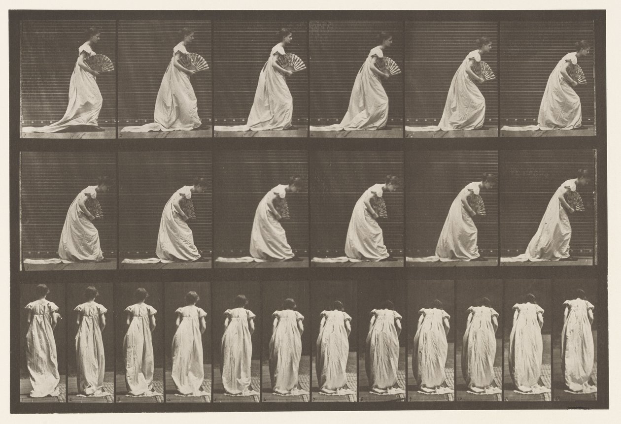 Skylt 199.Courtseying, fläkt i höger hand, 1885 av Eadweard Muybridge