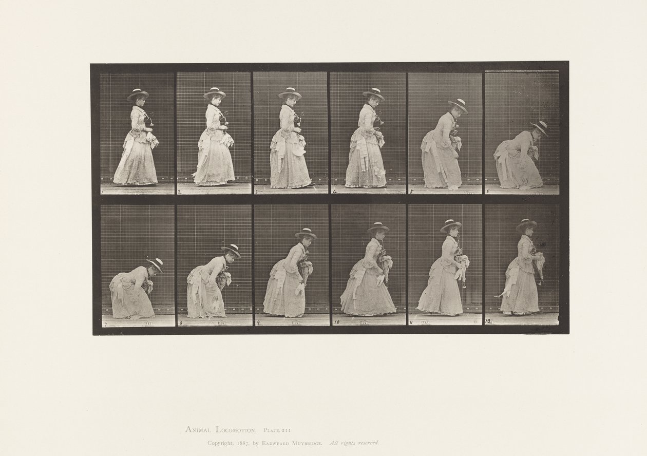 Tallrik 211. Böjande och lyftande handduk; Parasoll i vänster hand, 1885 av Eadweard Muybridge