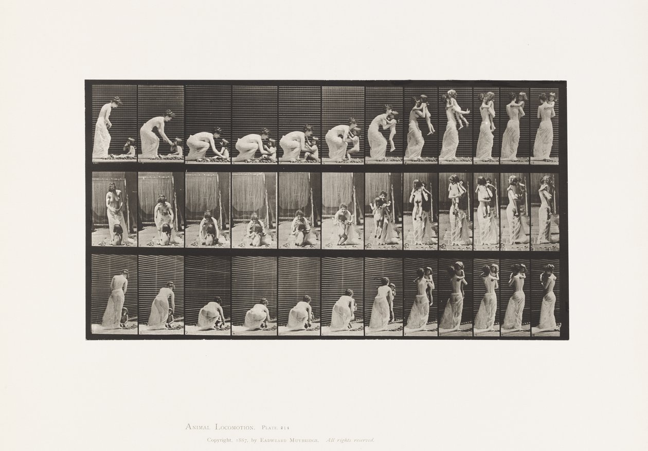 Skylt 214. Lyfter barn (70) från marken, vänder sig om av Eadweard Muybridge