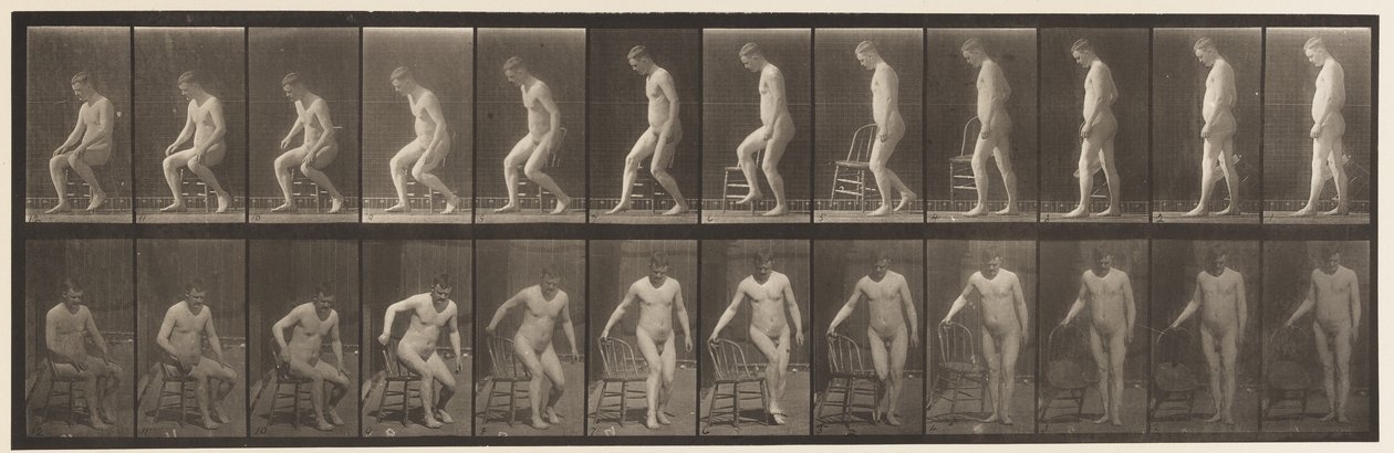 Skylt 236.Placing Diair and Sitting Down, 1885 av Eadweard Muybridge