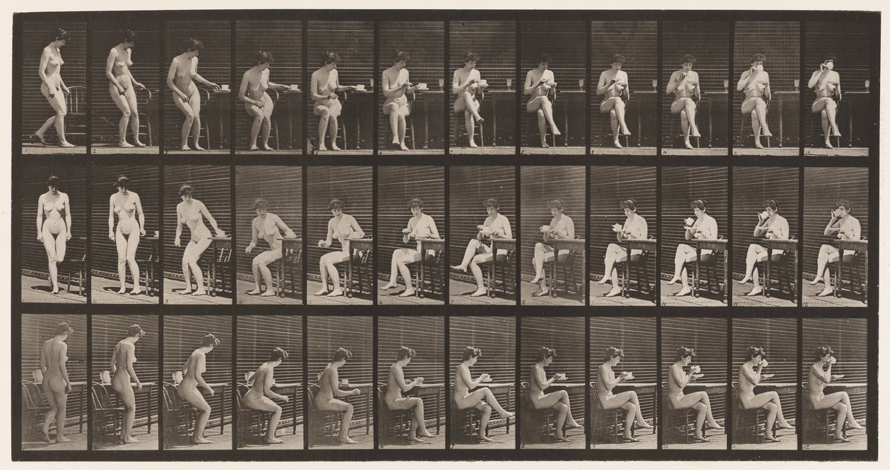 Tallrik 238. Sitter på stol, korsar benen, dricker ur tekopp av Eadweard Muybridge