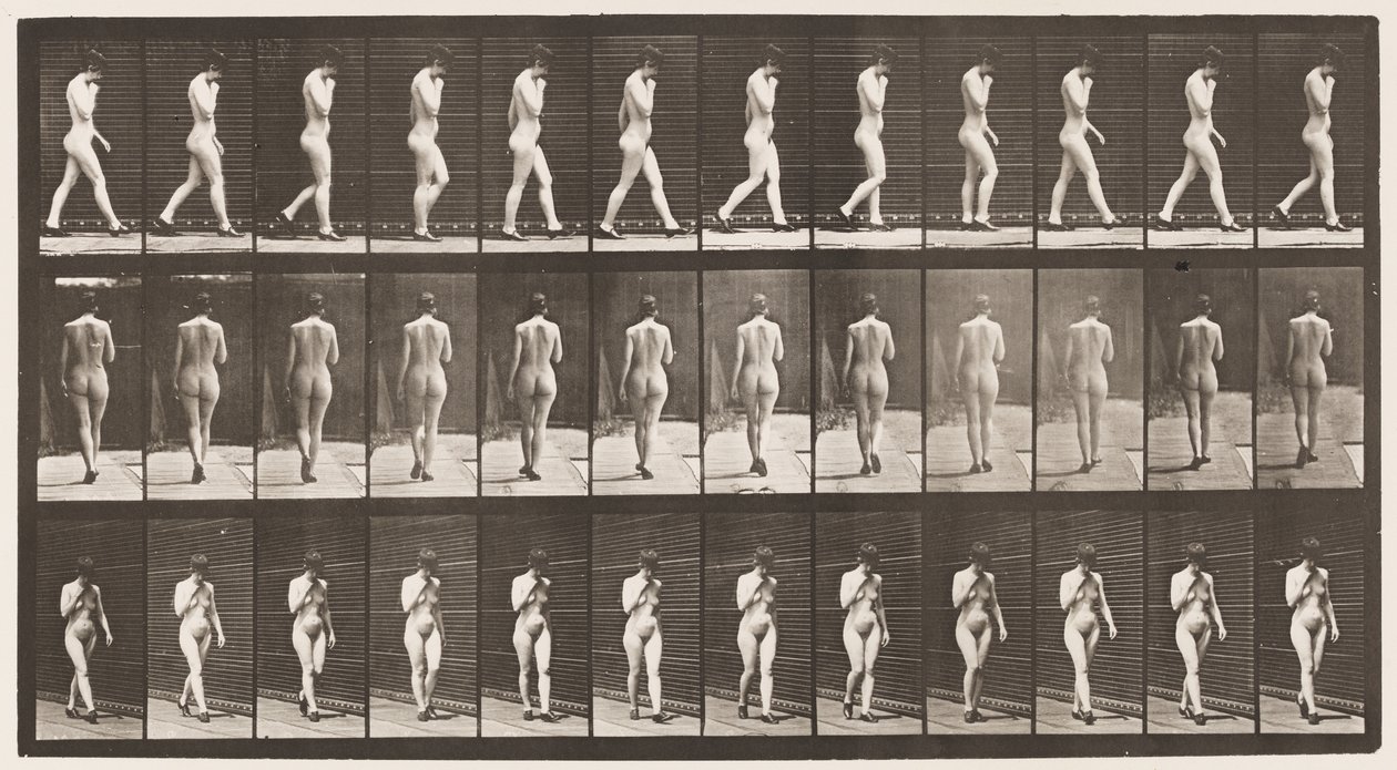 Tavla 23. Går, höger hand vid hakan, högklackade skor på av Eadweard Muybridge