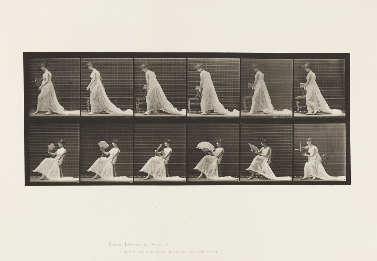 Plåt 242.Placera stol, sitta och flirta en fläkt, 1885 av Eadweard Muybridge