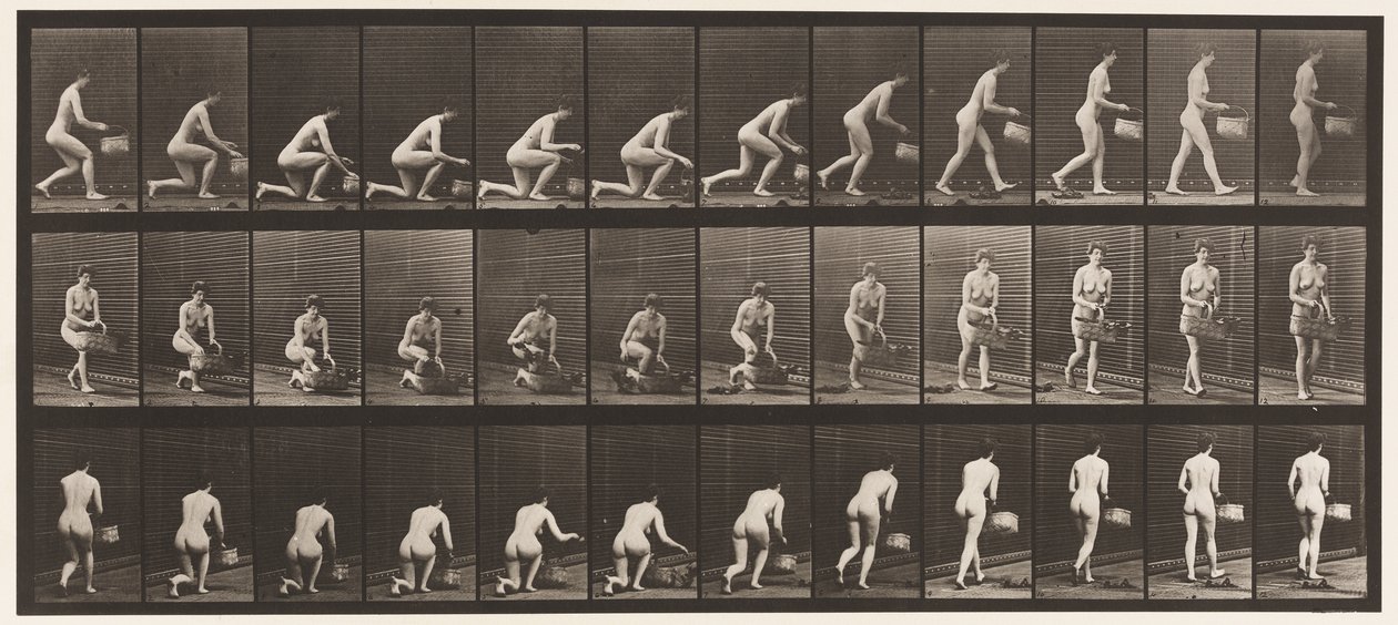 Skylt 251. Knästående på vänster knä, korg i vänster hand och resande, 1872-1885 av Eadweard Muybridge