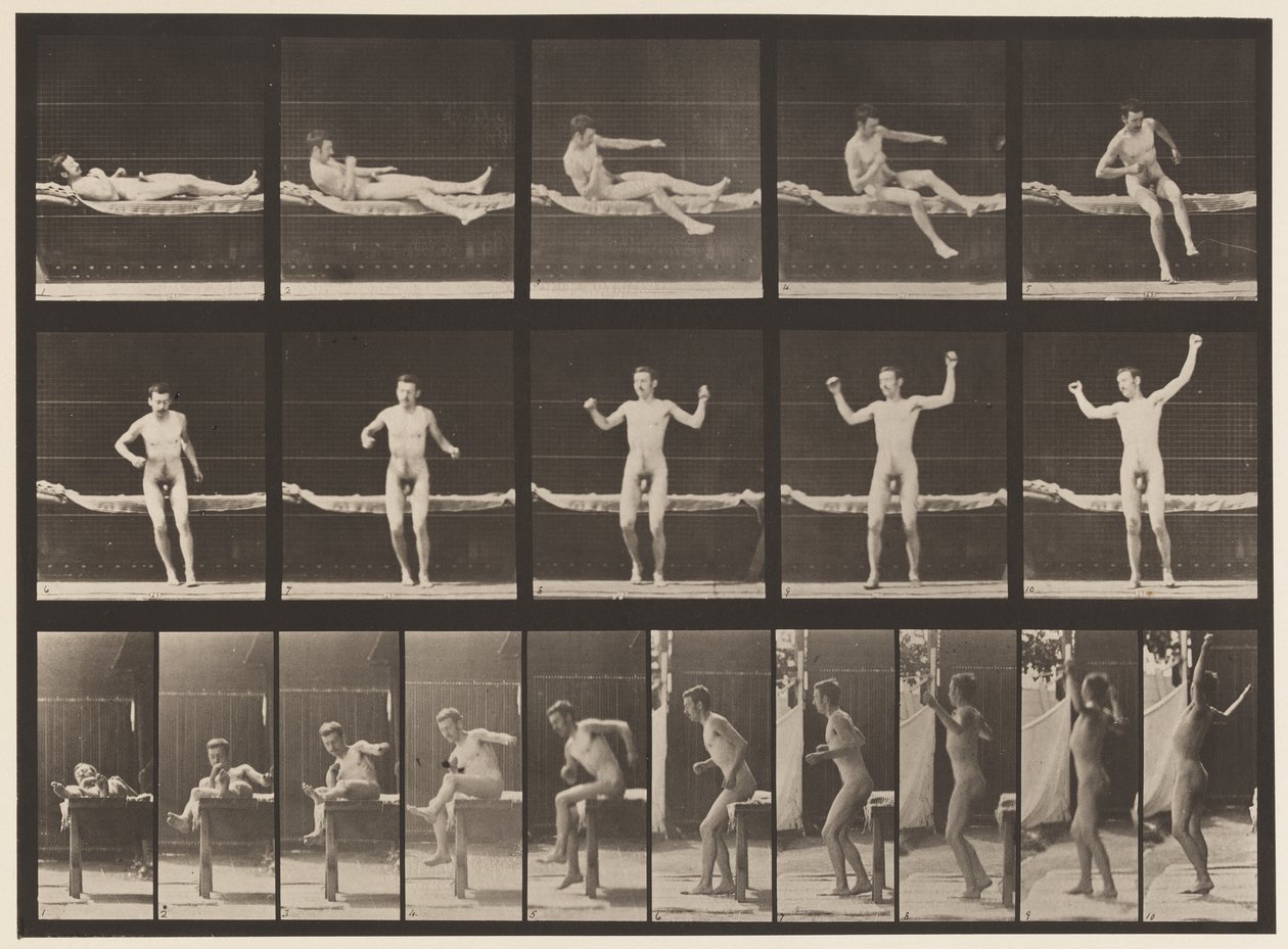 Tallrik 260. Uppstår från soffa och sträckande armar, 1885 av Eadweard Muybridge