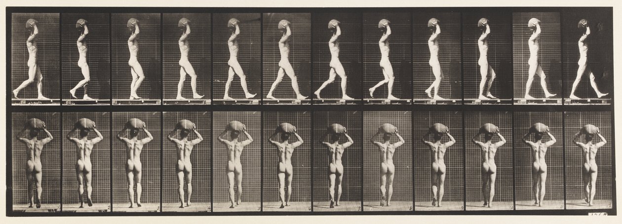 Tallrik 27. Går, bär 70 lb. sten på huvudet, händerna höjda av Eadweard Muybridge
