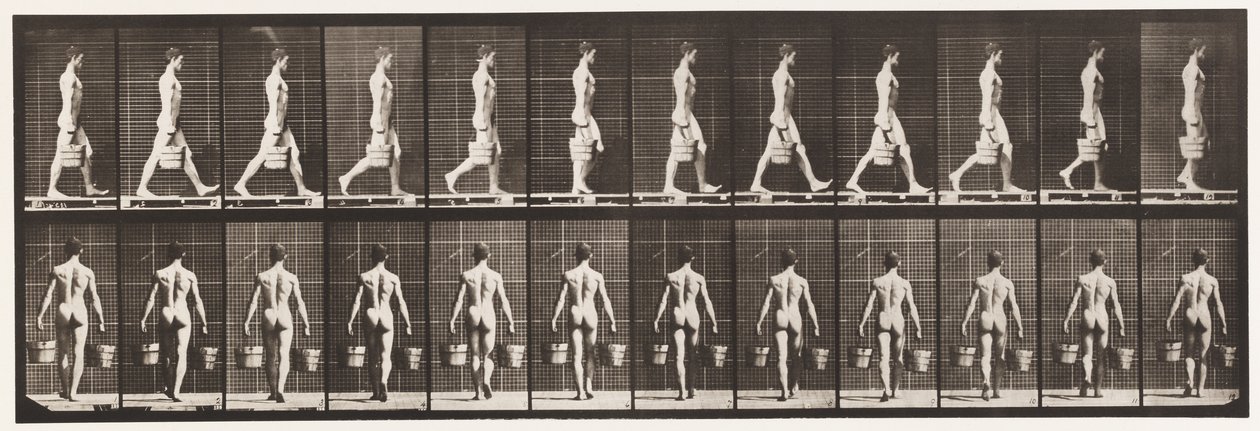 Skylt 29. Gå och bär en hink med vatten i varje hand, 1872-1885 av Eadweard Muybridge