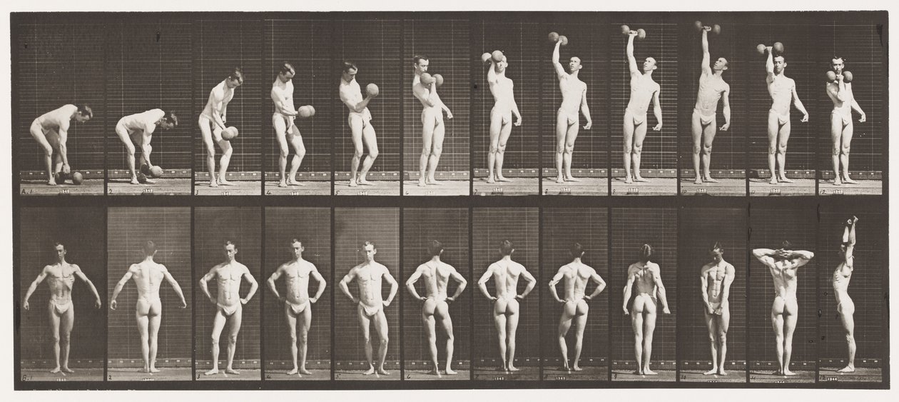 Plåt 321. A, Lyfta en 50 lb Dumb-Bell; B, posering av Eadweard Muybridge