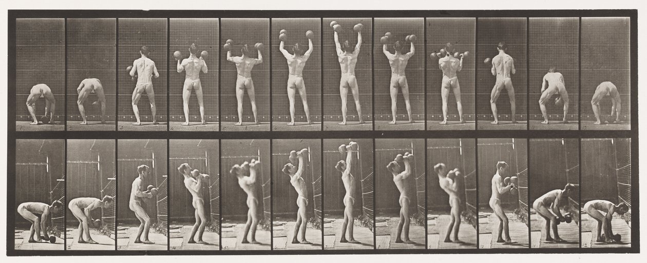 Skylt 323. Lyfta och släppa ner två 50-lb hantlar av Eadweard Muybridge