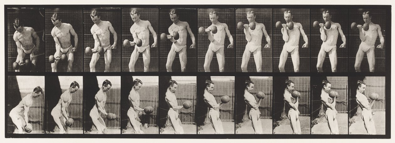 Tallrik 324. Curling 50-lb. Dumb-Bell, modell, 3/4 längd av Eadweard Muybridge