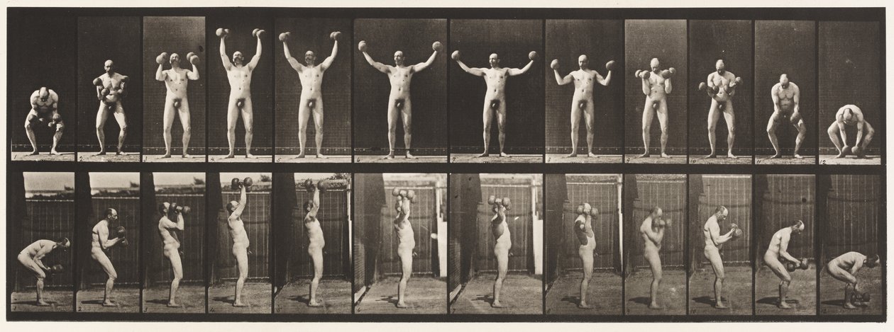 Platta 325. Lyfta och hålla två 50-lb. Dumb-Bells, 1885 av Eadweard Muybridge