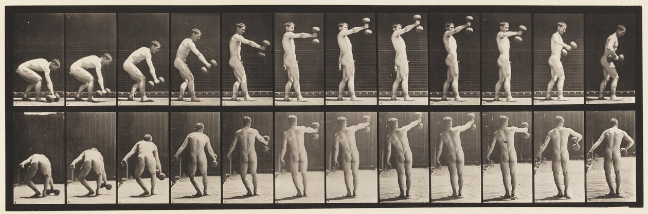 Plåt 326. Lyftande 50-lb. Dumb-Bell på armlängds längd av Eadweard Muybridge