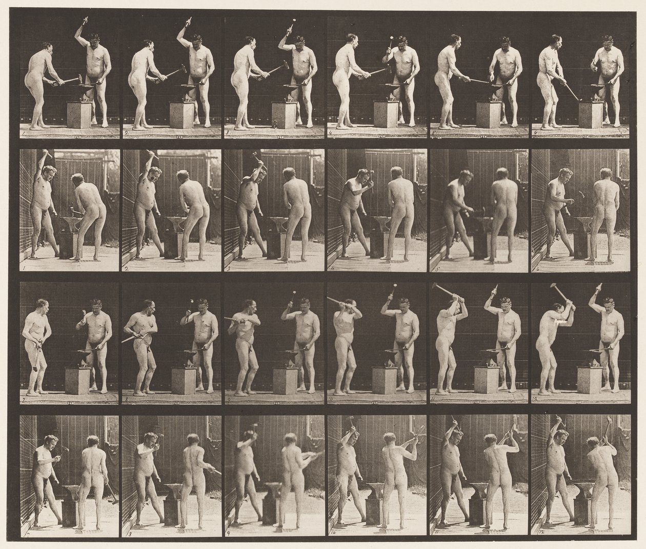 Skylt 377. Smed, två modeller, hamra på Advil, 1872-1885 av Eadweard Muybridge