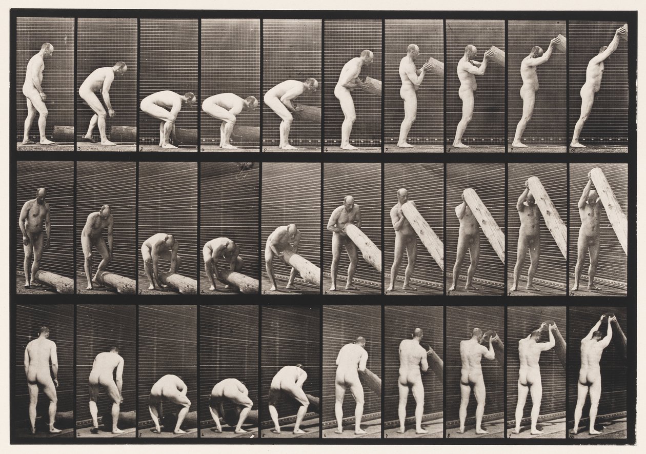 Plåt 382. Lifting A Log on End, 1872-1885 av Eadweard Muybridge