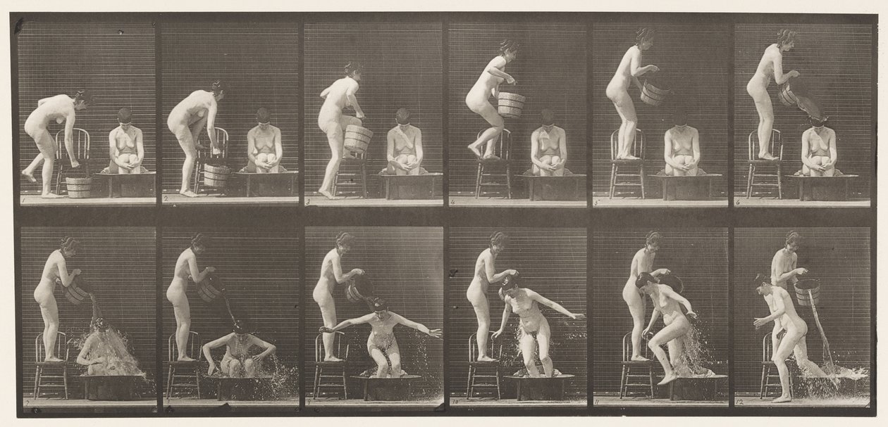 Tallrik 406. Två modeller, 8 hällhink med vatten över 1 av Eadweard Muybridge