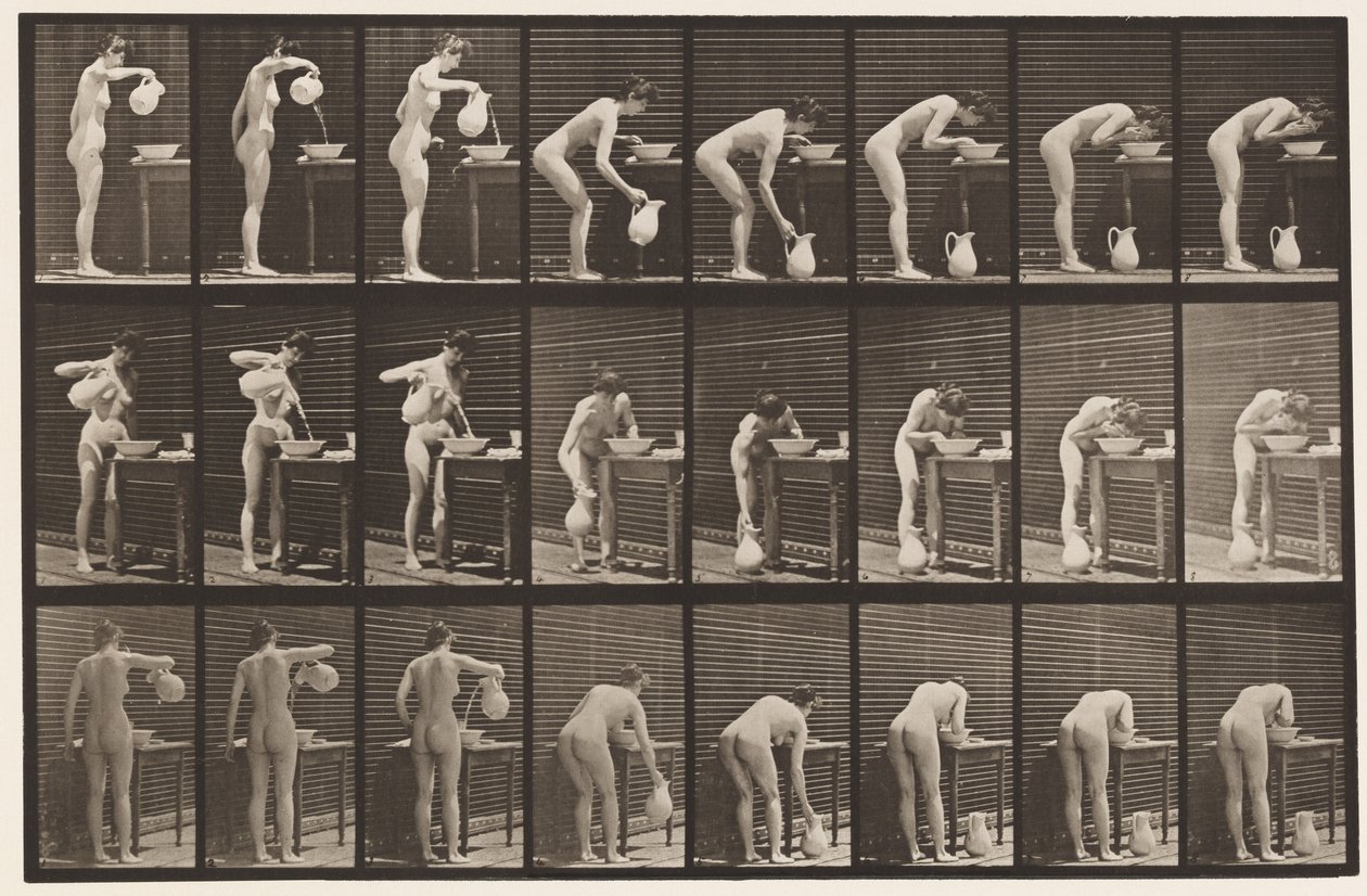 Tallrik 413. Häll vatten i handfat och tvätta ansiktet av Eadweard Muybridge